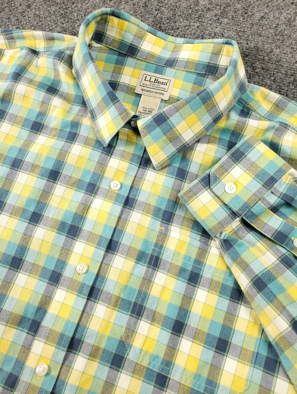 LL Bean Shirt Mens 2XL Slightly Fitted Button Up Blue Yellow Gingham Flannel